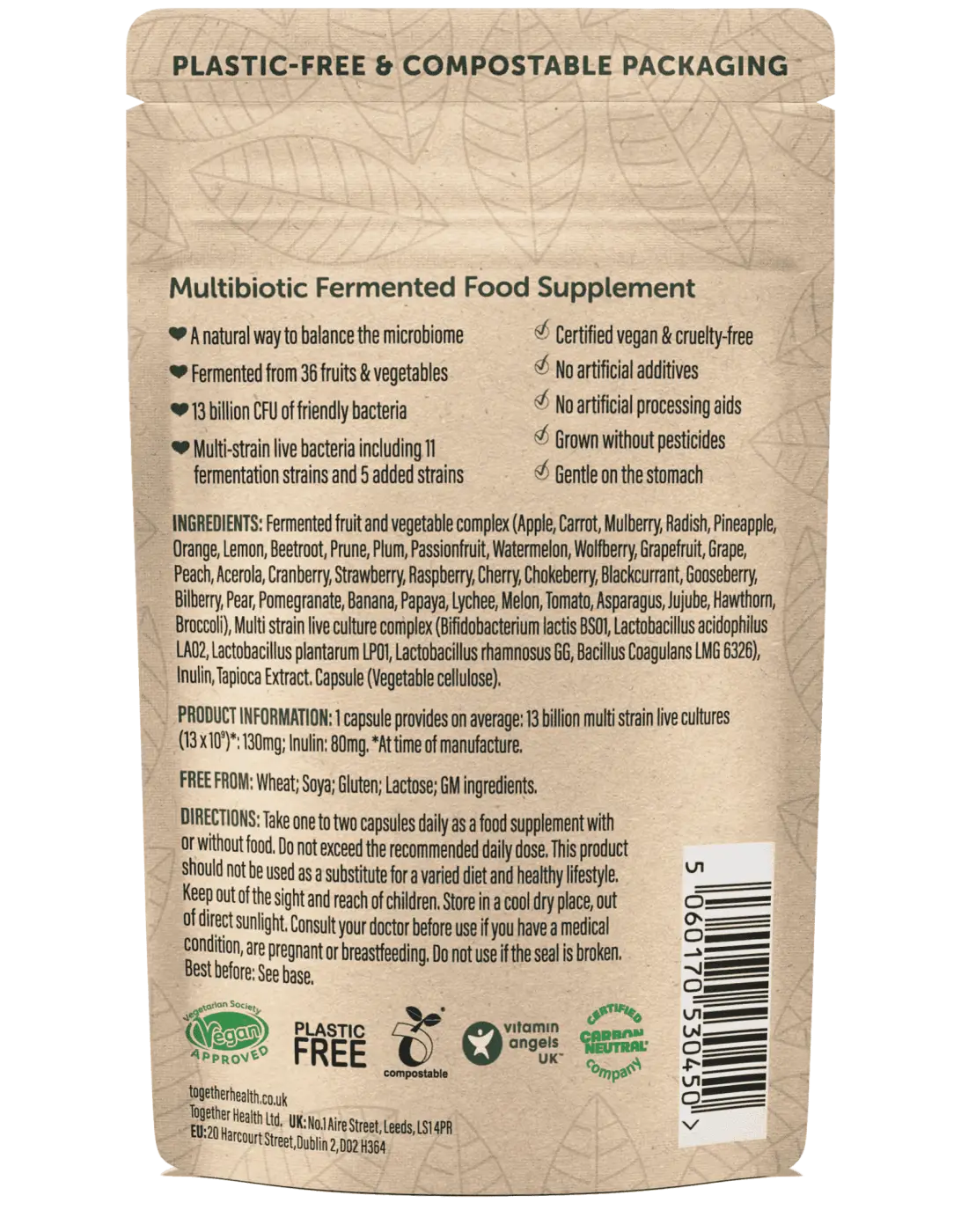 Veganes Multibiotikum von Together Health, probiotisches Nahrungsergänzungsmittel mit verschiedenen nützlichen Bakterien.