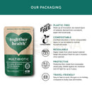 Grüne und beige pouch von together health multibiotikum mit herzlogo für eine multibiotische formel mit freundlichen darmbakterien zur unterstützung des gesamten verdauungssystems