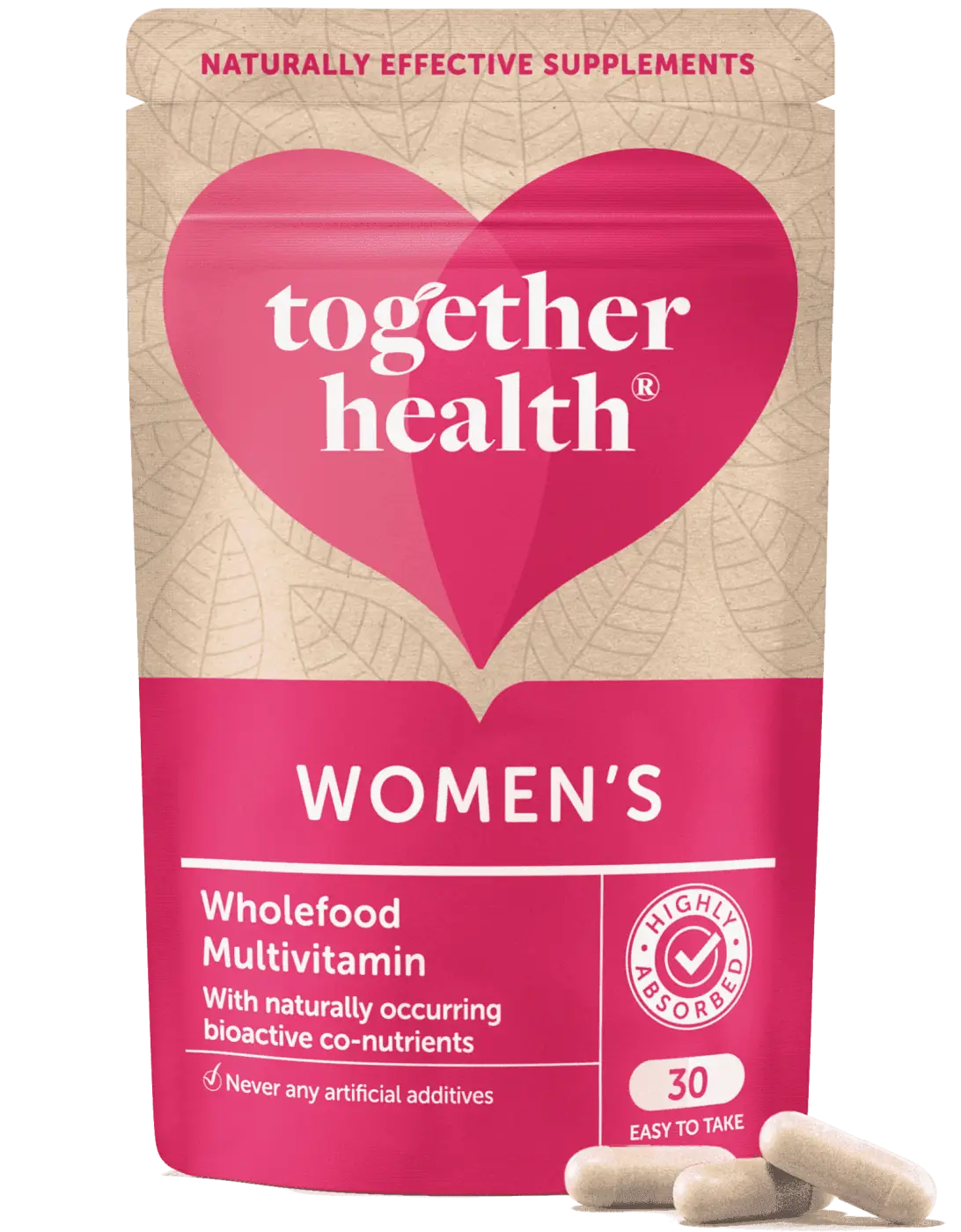 Veganer Multivitamin für Frauen in Beutel, 30 Kapseln, Nahrungsergänzung von Together Health, mit bunten Kapseln.