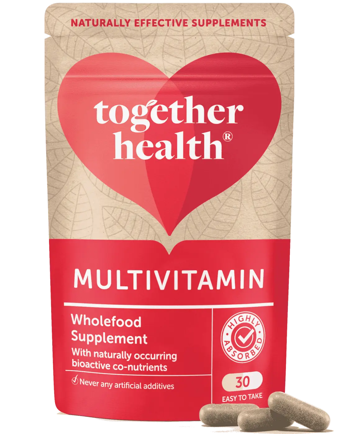 Veganer Multivitamin Nahrungsergänzung in roter und beiger Verpackung, 30 Kapseln, von Together Health.