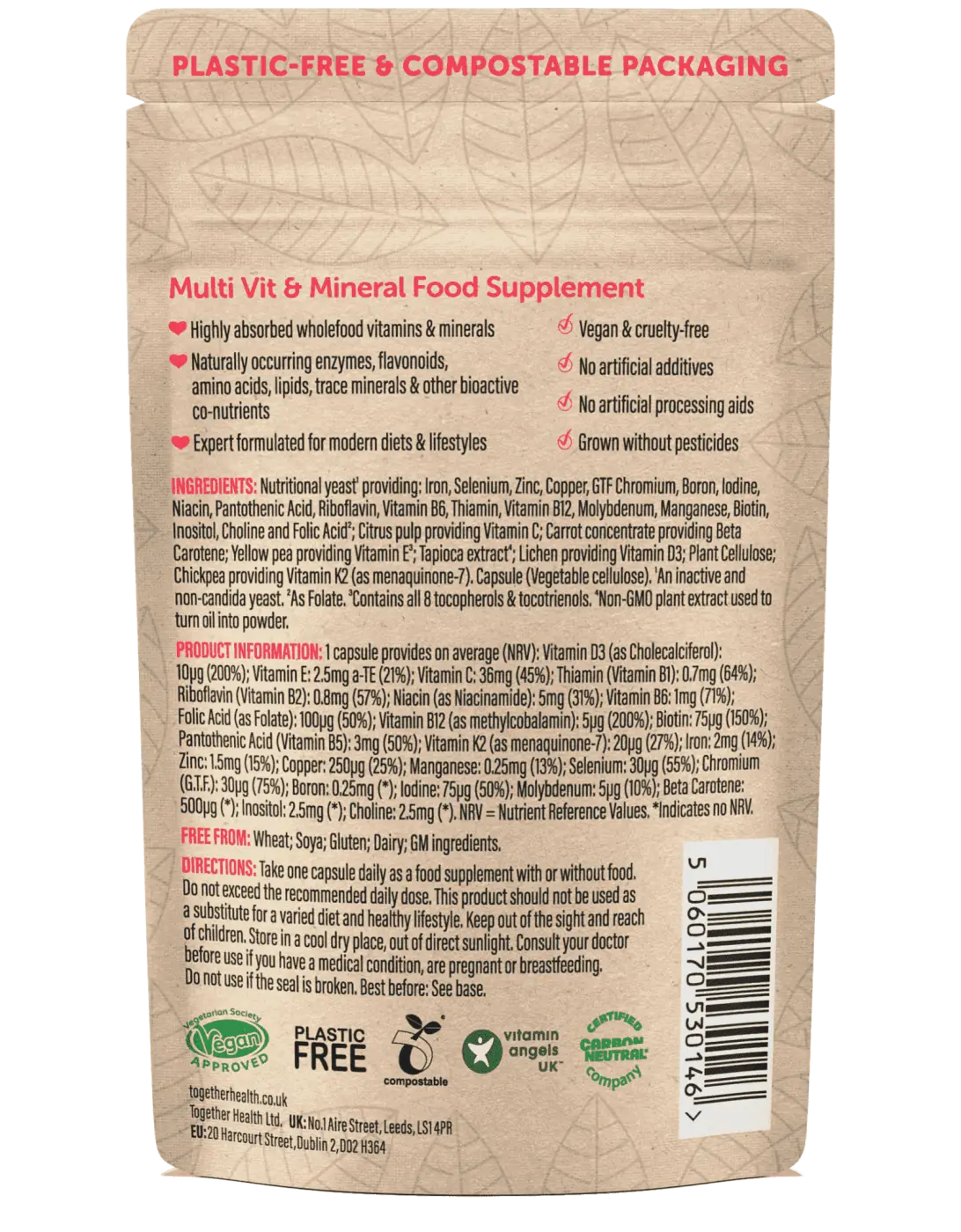 Veganer Multivitamin-Nahrungsergänzungsmittel von Together Health, 30 Kapseln, geöffnete Verpackung mit Kapseln auf beigem Hintergrund