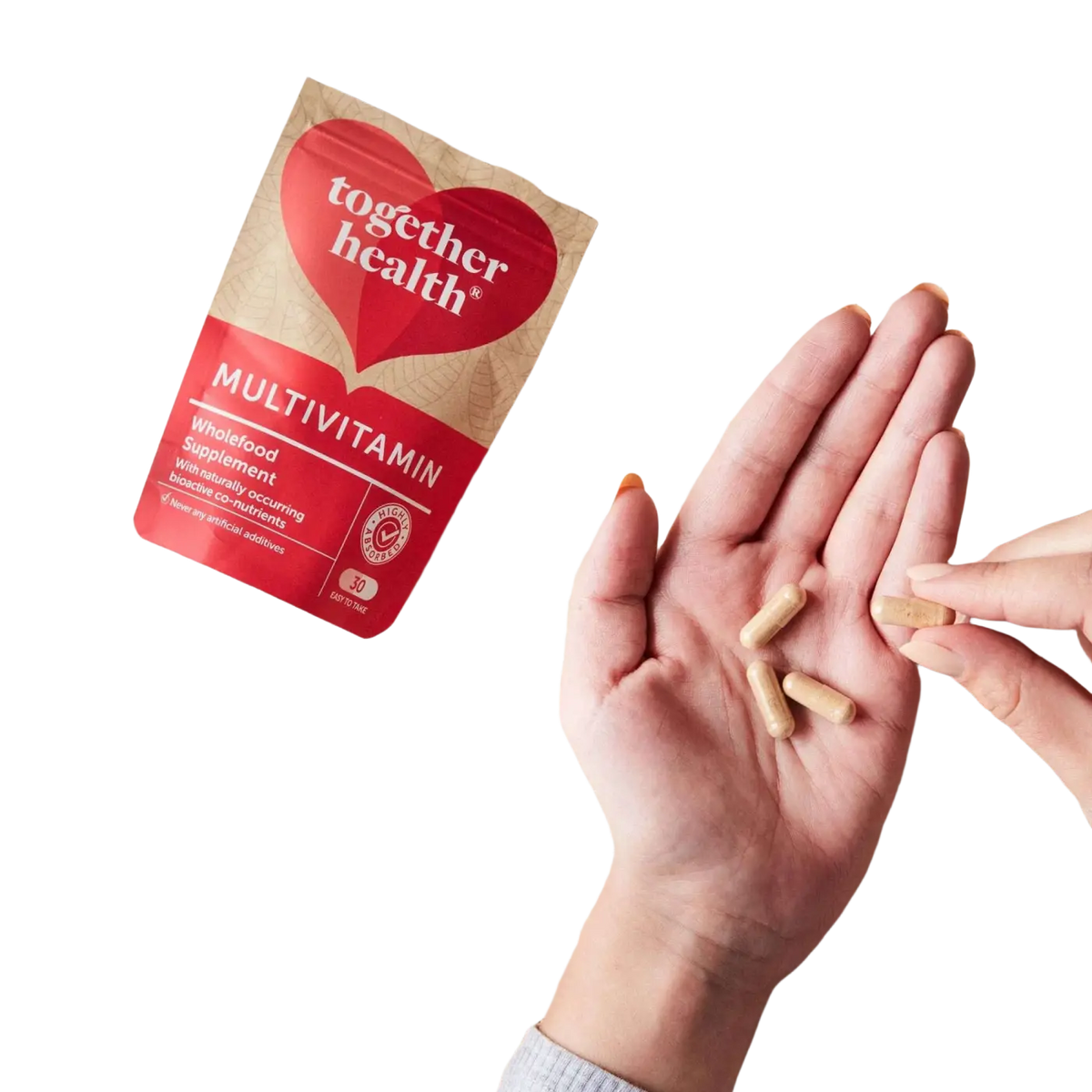 Vegane Multivitamin-Nahrungsergänzung in 30 Kapseln, von Together Health, zeigt die Kapseln mit bunten Inhaltsstoffen.