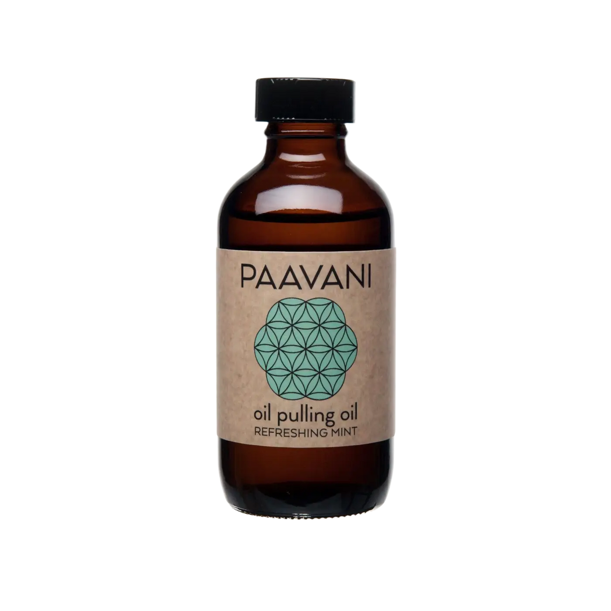 Mundölziehen mit PAAVANI Ayurveda, 240ml, für Mundgesundheit und Entgiftung, zeigt eine Flasche mit Öl und Mundraum.