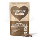 Braune pouch von together health mushroom 5 blend mit organischem fruchtkörper hochdosiert 9300 mg und lion’s mane kapseln
