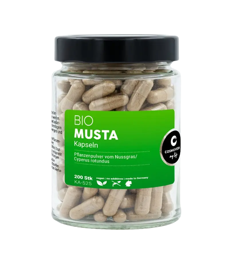 Musta Bio Kapseln von Cosmoveda, natürliche Ayurveda-Nahrungsergänzung für Verdauung und Energie, in einer offenen Packung.