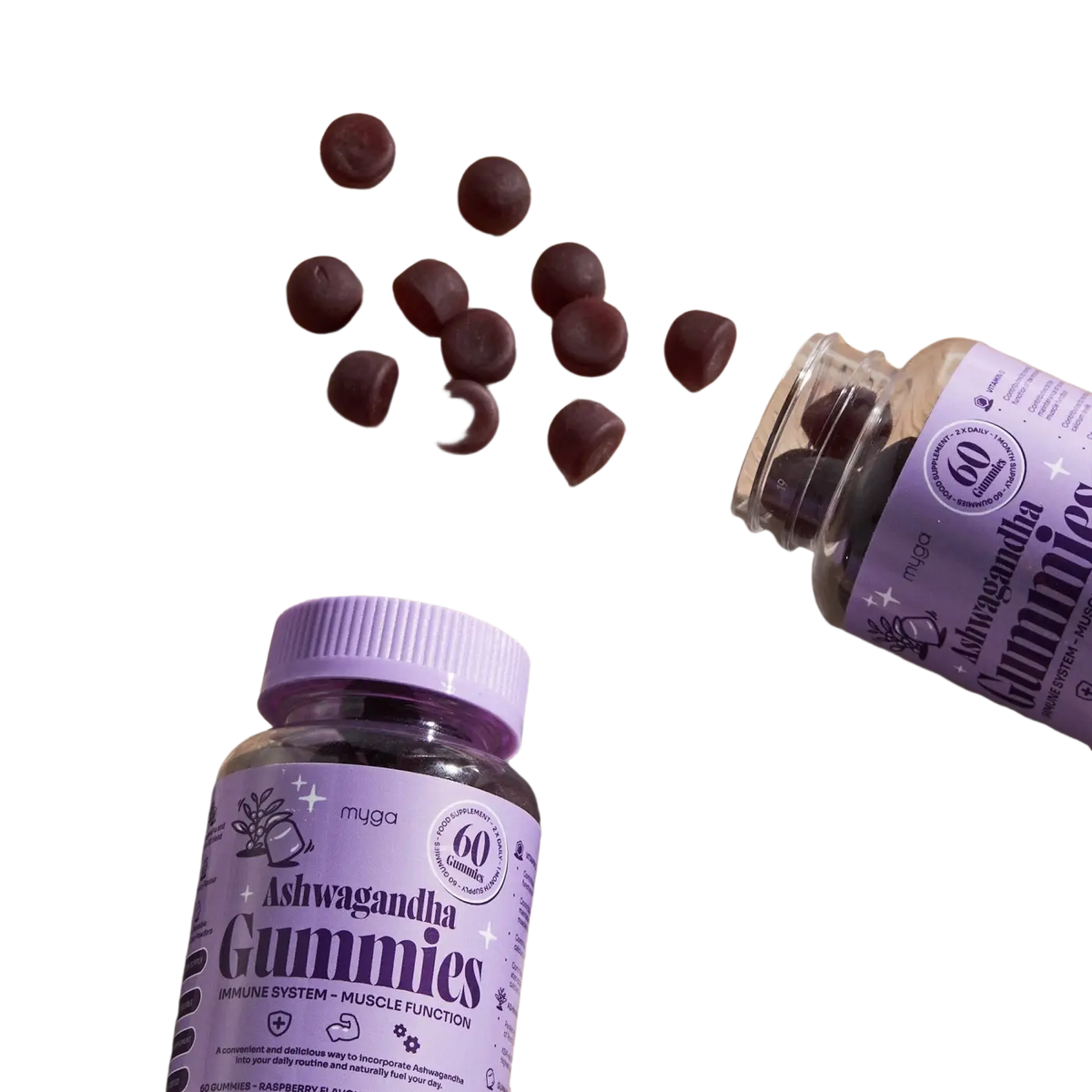 Veganer Ashwagandha-Gummibärchen von Myga mit Himbeer-Geschmack, fördert innere Balance und Entspannung, Nahrungsergänzung.