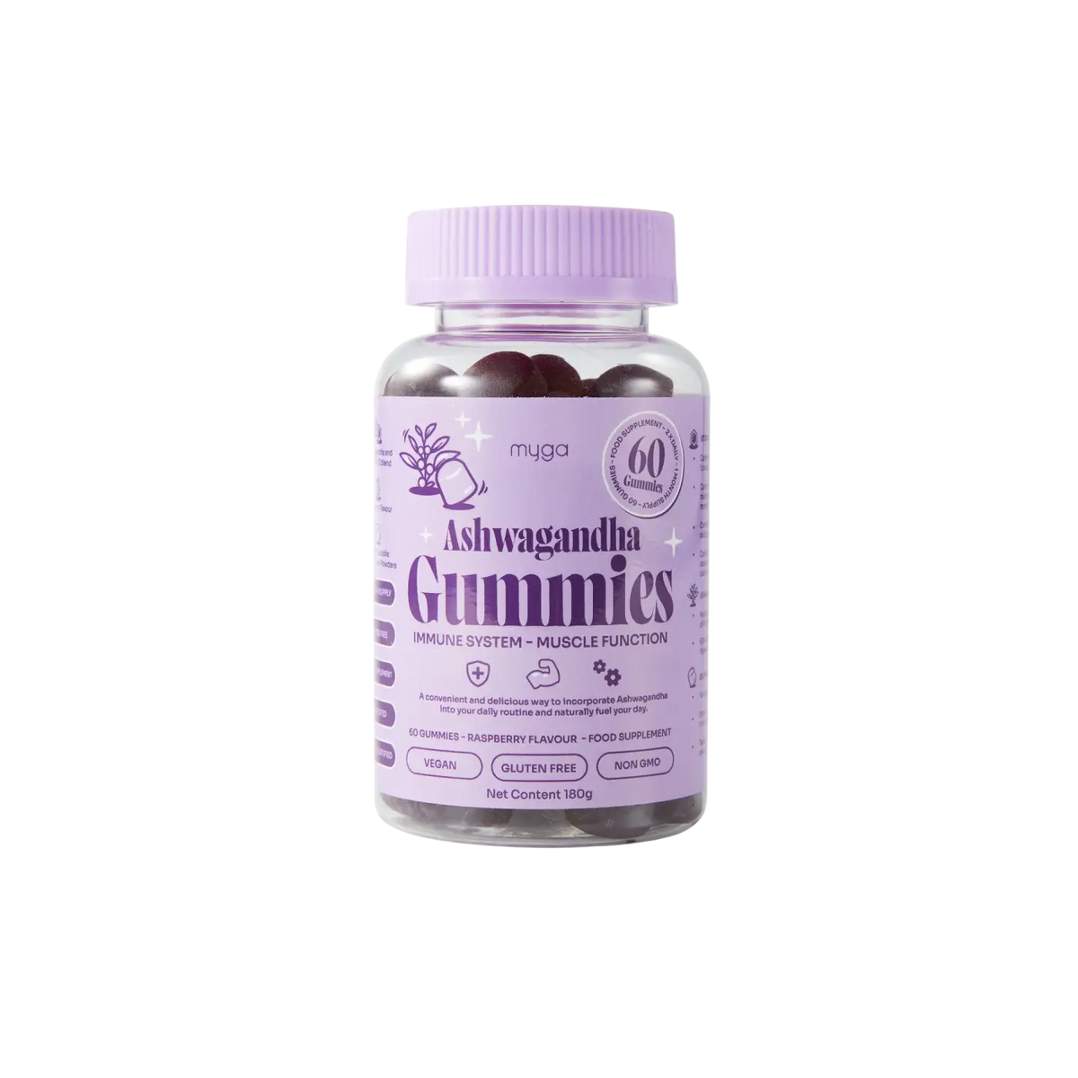 Veganer Ashwagandha-Gummibärchen von Myga mit Himbeer-Geschmack für innere Balance und Entspannung, Nahrungsergänzung in Gummiform.