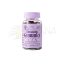 Eine klare plastikflasche mit lavendelfarbenem deckel und etikett mit dunklen myga ashwagandha gummies aus withania somnifera