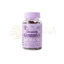 Eine klare plastikflasche mit lila verschluss und etikett enthält dunkellila myga ashwagandha gummies aus withania somnifera für innere balance