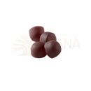 Vier dunkelbraune runde myga ashwagandha gummies mit leicht strukturierter oberfläche für innere balance