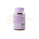 Eine klare plastikflasche mit lavendelfarbenem schraubverschluss enthält dunkle myga ashwagandha gummies für innere balance