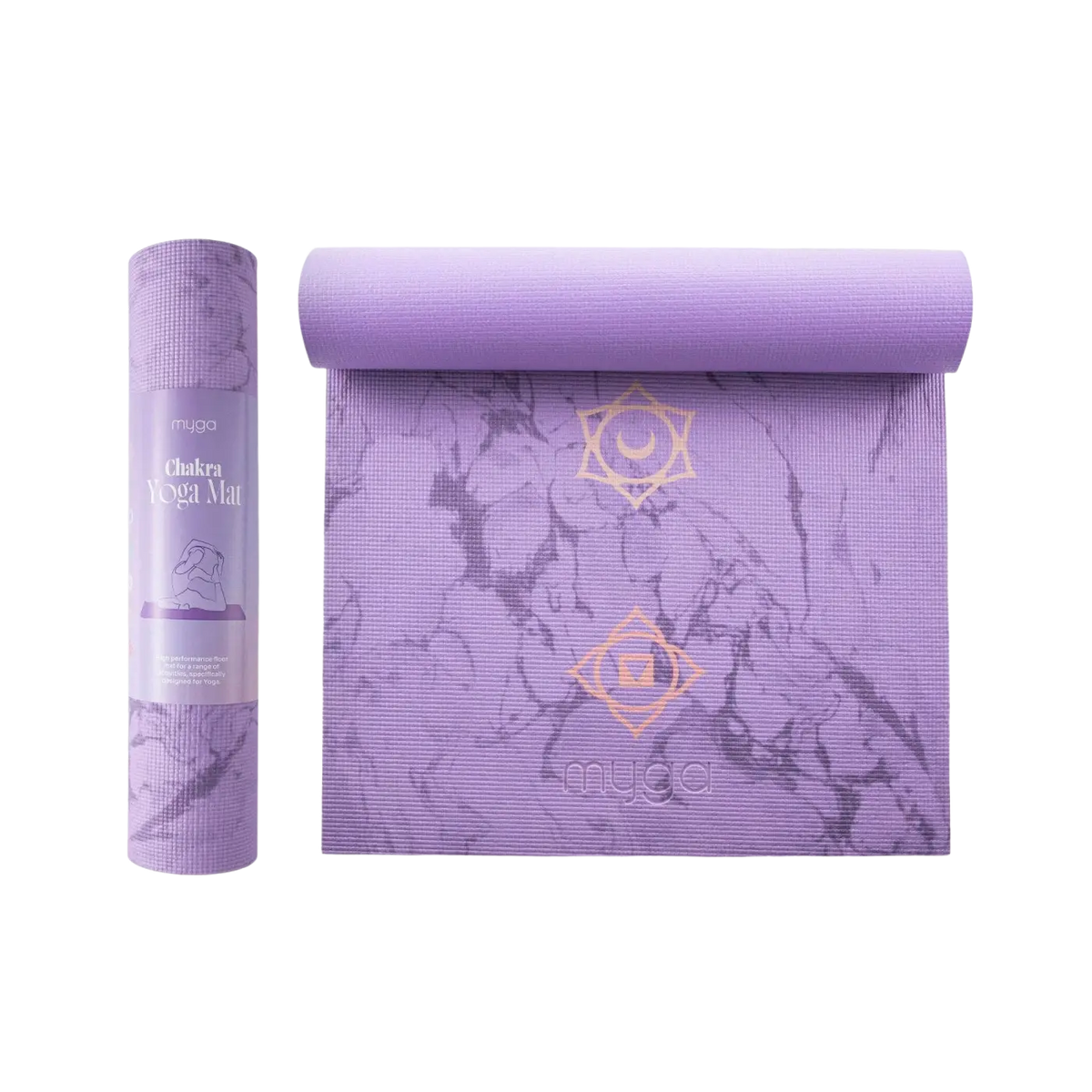 Bunte Myga Yogamatte mit attraktiven Druckdesigns, ideal für Yoga und Fitness, in verschiedenen stilvollen Mustern.