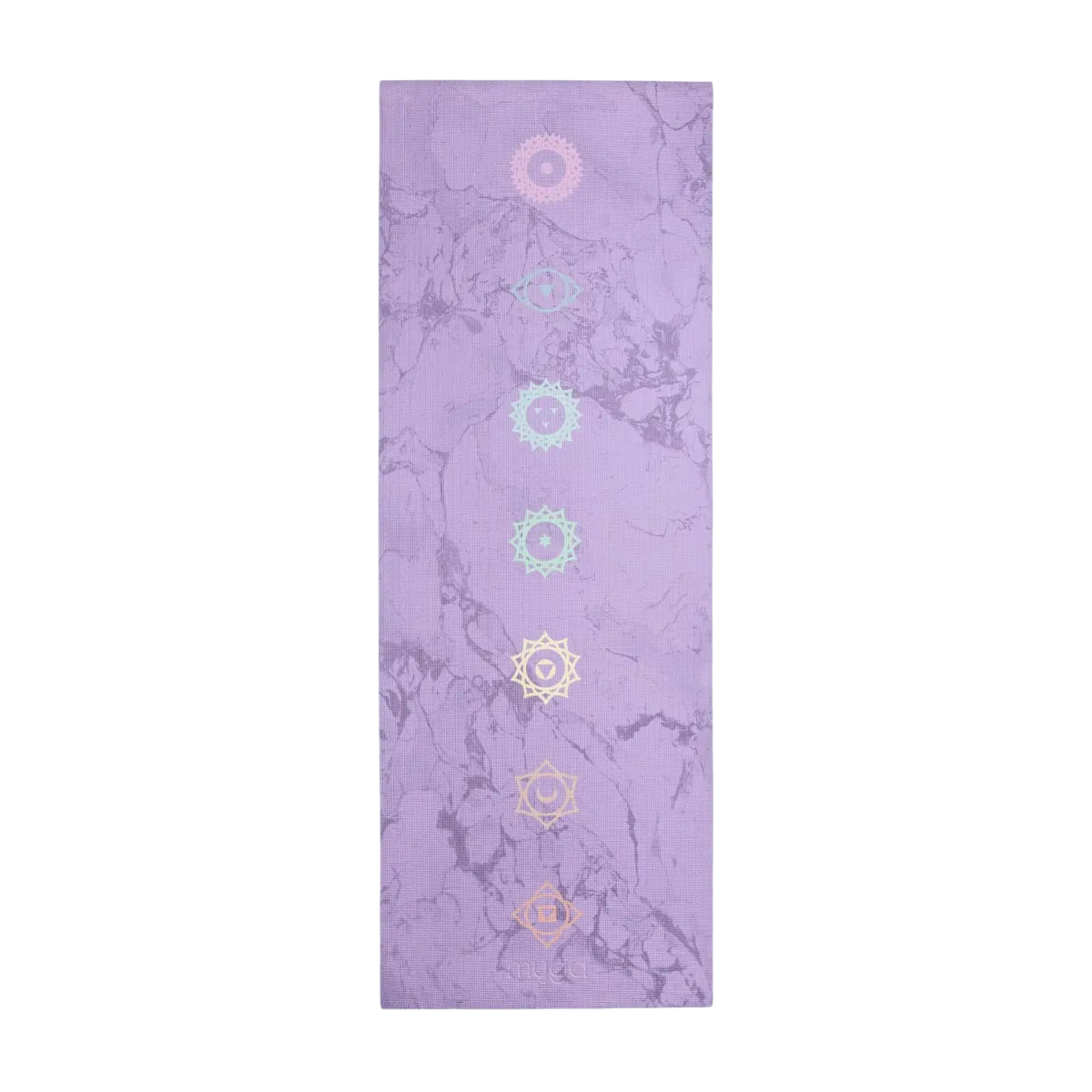 Bunte bedruckte Yogamatte von Myga in einem attraktiven Design, ideal für Yogaübungen und Fitness, auf einer weißen Oberfläche.