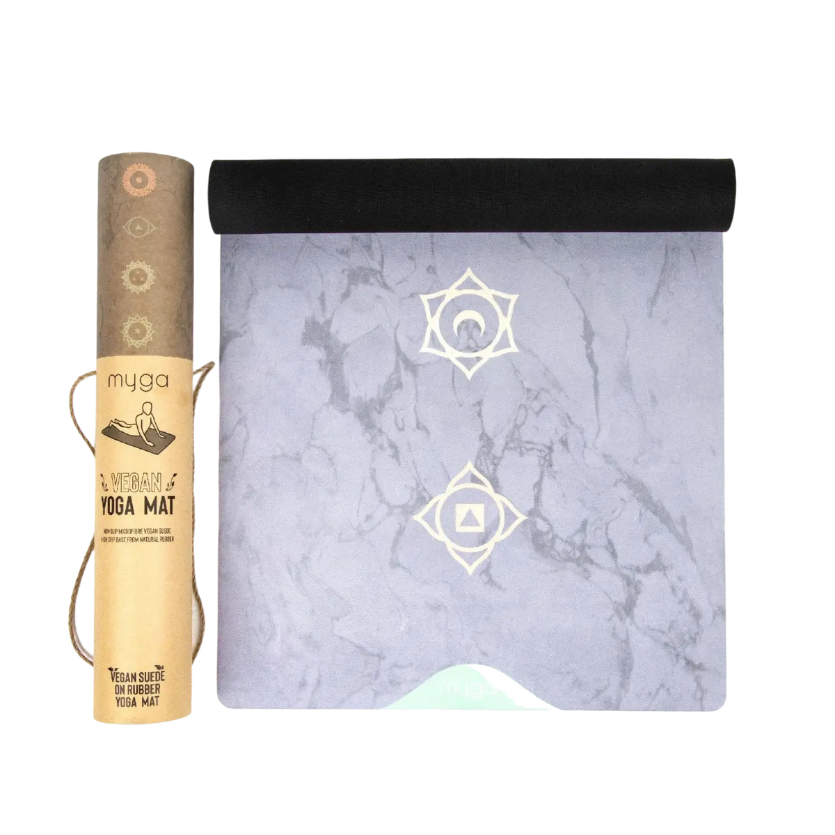 Vegane Yogamatte von Myga Eco mit Wildleder-Oberfläche und Gummibaum-Unterseite, ideal für Yogaübungen.