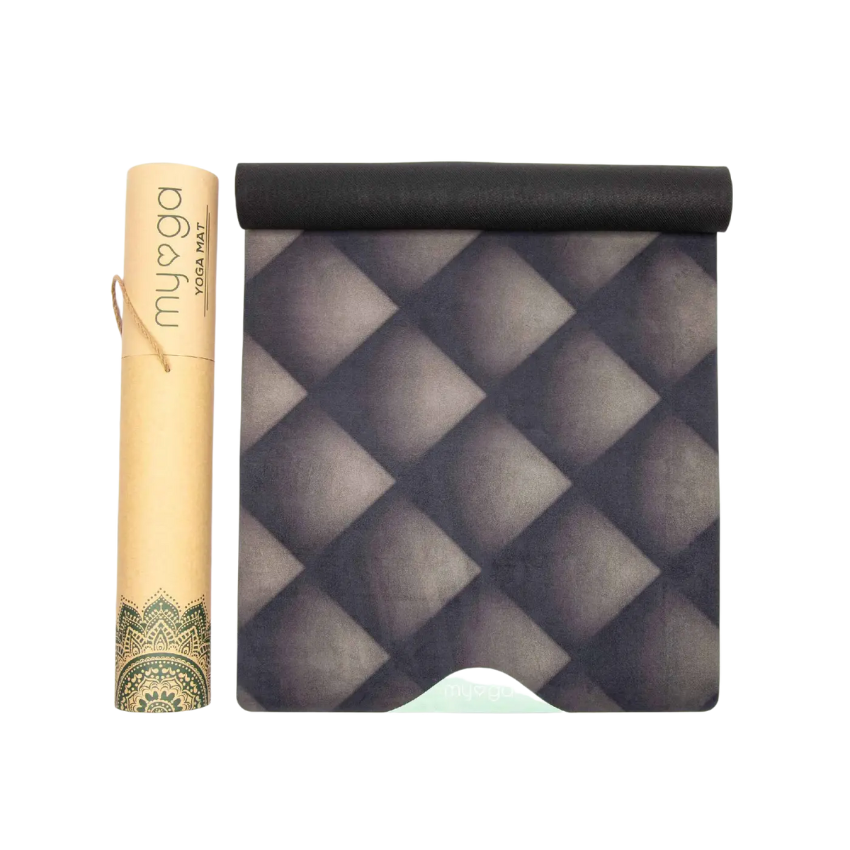 Schwarze vegane Yogamatte von Myga Eco, luxuriös und rutschfest, ideal für Yogaübungen und Fitness.