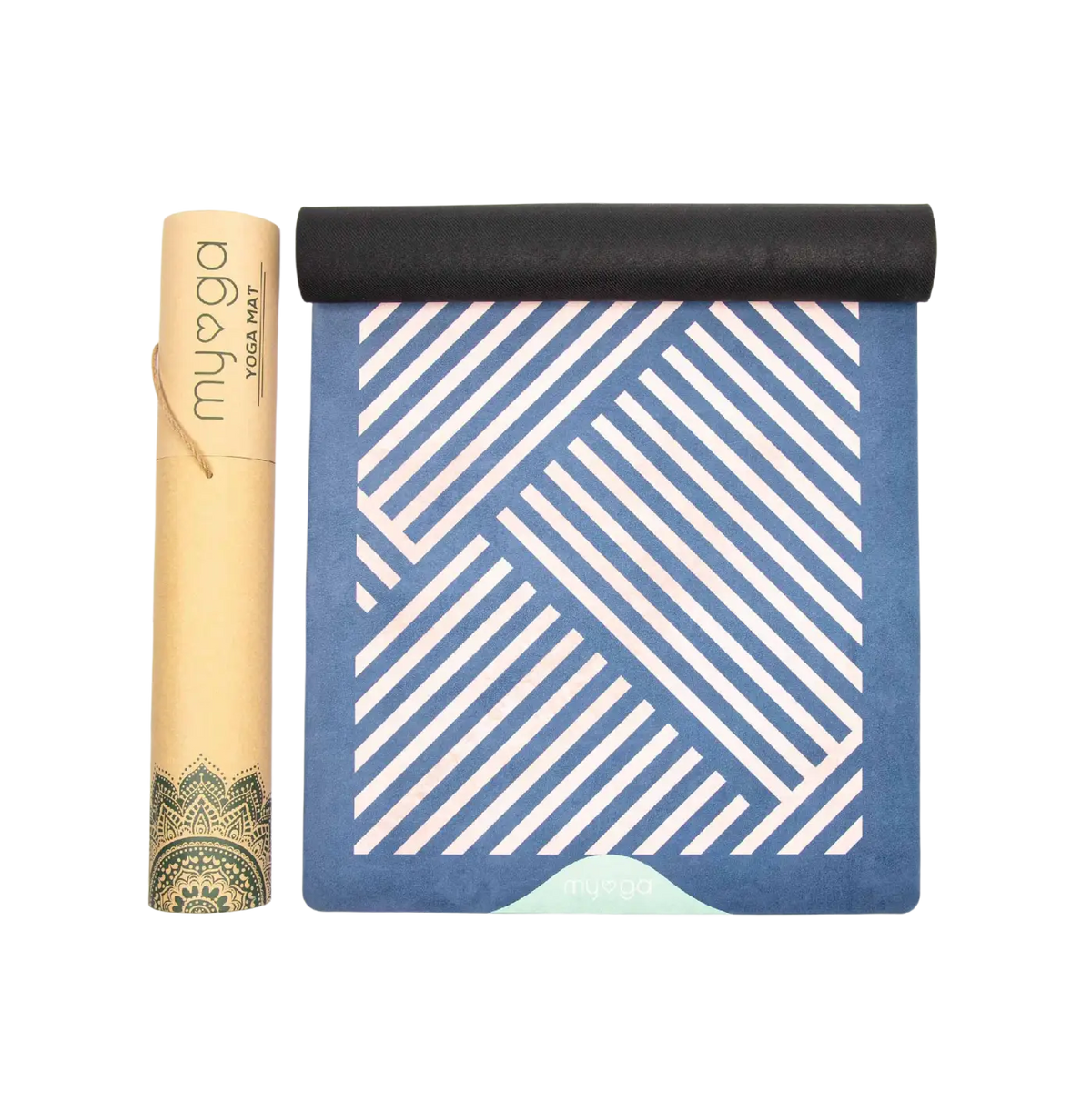 Vegane Yogamatte von Myga Eco mit Wildleder-Oberfläche und Gummibaum-Unterseite, blaue Farbe, geeignet für Yoga und Fitness.
