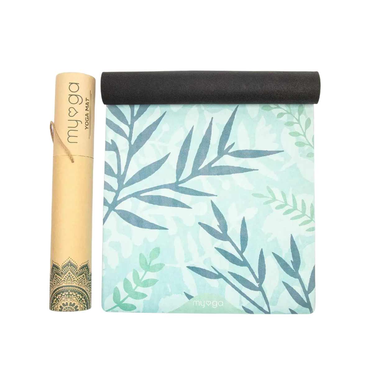 Vegane Yogamatte von Myga Eco mit Wildleder-Oberfläche und Gummibaum-Unterseite, eingerollt, für Yoga und Fitness.