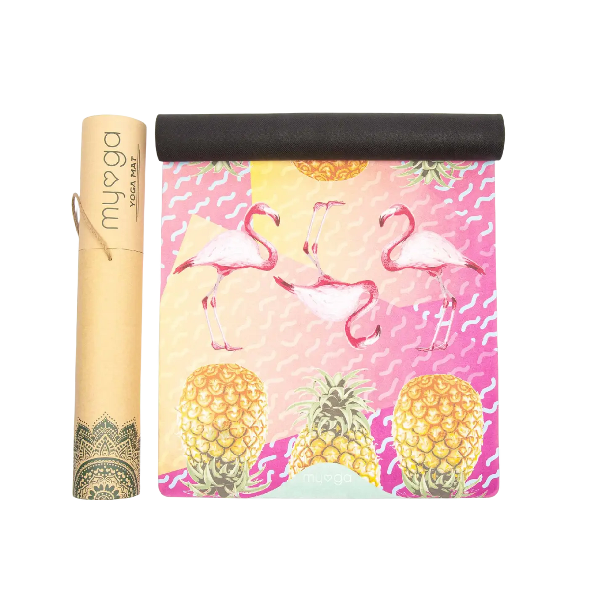 Vegane Yogamatte von Myga Eco mit Wildleder-Oberfläche und Gummibaum-Unterseite, leuchtend pink, für Yoga und Fitness.