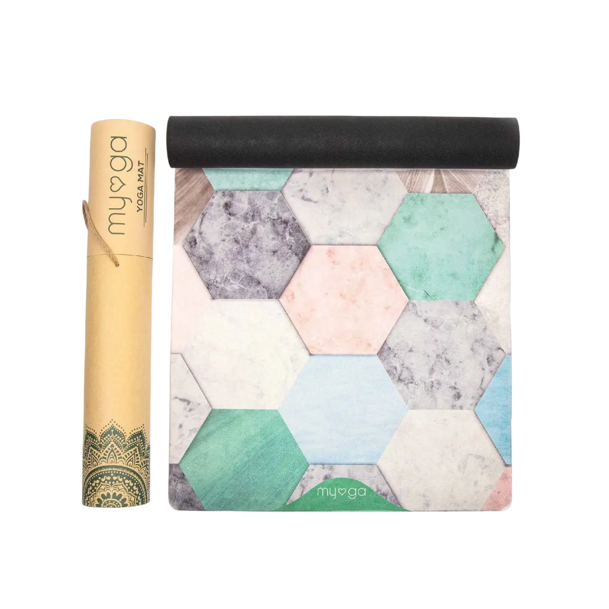 Vegane Yogamatte von Myga Eco mit Wildleder-Oberfläche und Gummibaum-Unterseite in Pastellfarben, ideal für Yogaübungen.