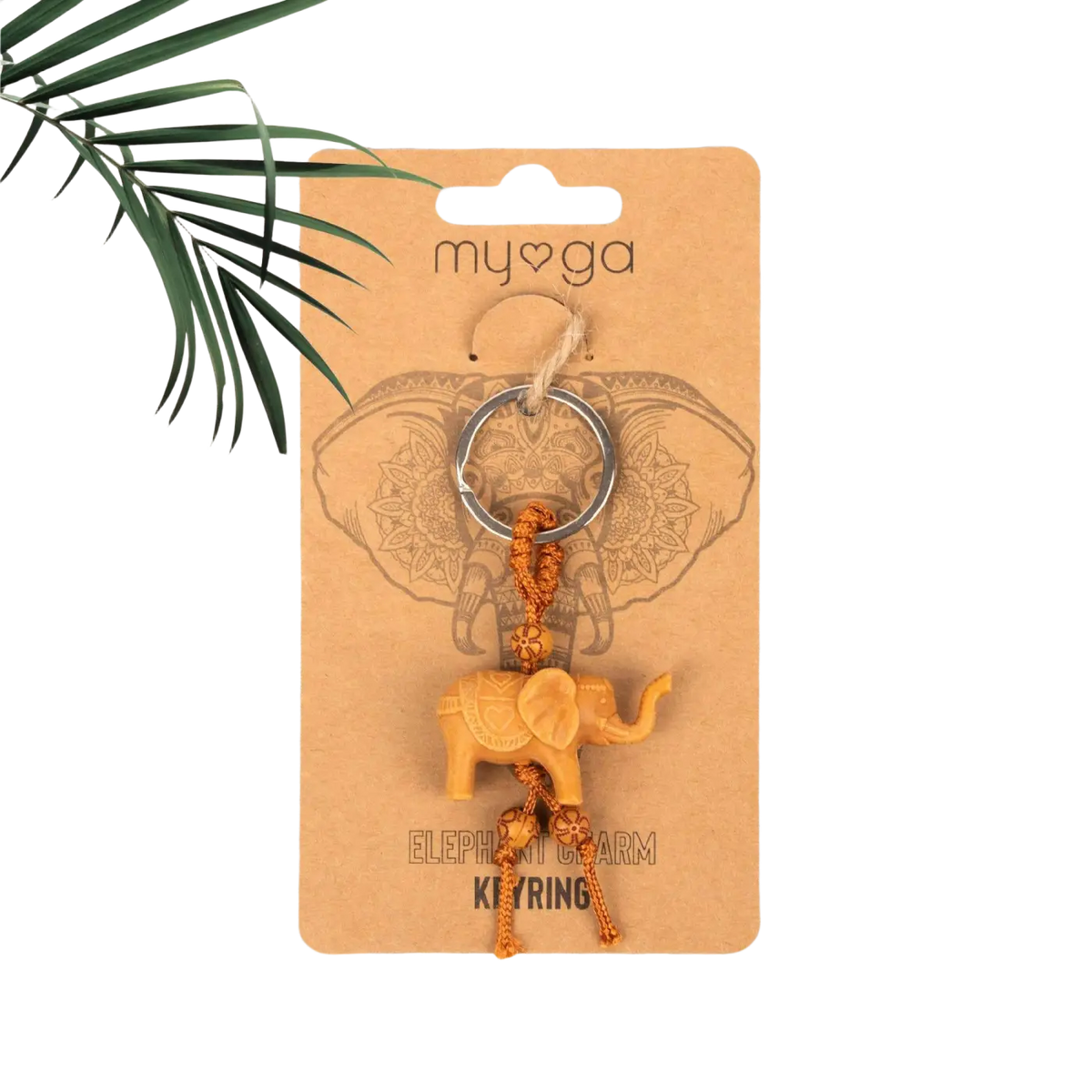 Beiger Myga Eco Schlüsselanhänger aus Schmuck mit kunstvollem Elefanten-Design, umweltfreundlich und stilvoll.