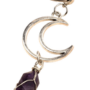 Silberfarbener myga eco schlüsselanhänger mit doppelt mondanhänger und lila amethyst im mana shop, klarer quarz ergänzt