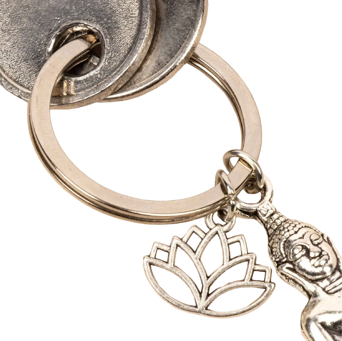 Myga Eco Schlüsselanhänger Schmuck mit silbernem Buddha und Lotus, detailreiche Design, nachhaltiger Edelstahl, handgefertigt