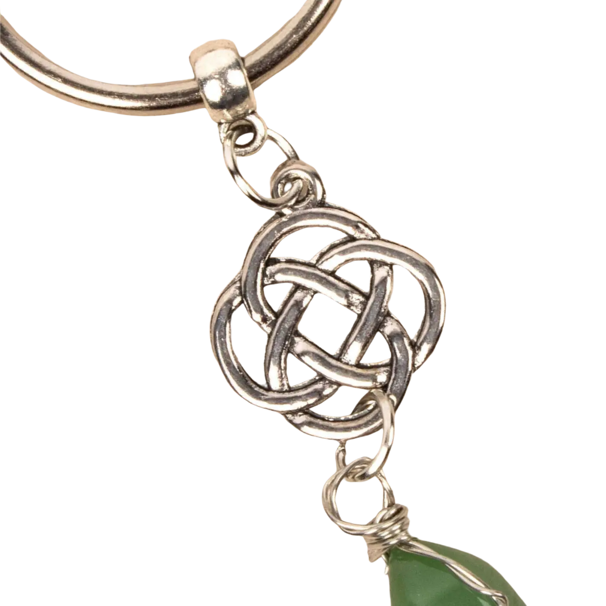 Myga Eco Schlüsselanhänger aus Silber mit grünem keltischem Knoten, eleganter Schmuck für Schlüssel oder Taschen.