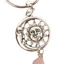 Silberner myga eco schlüsselanhänger mit sonne und mond motiv und rosa klarquarz anhänger von mana shop