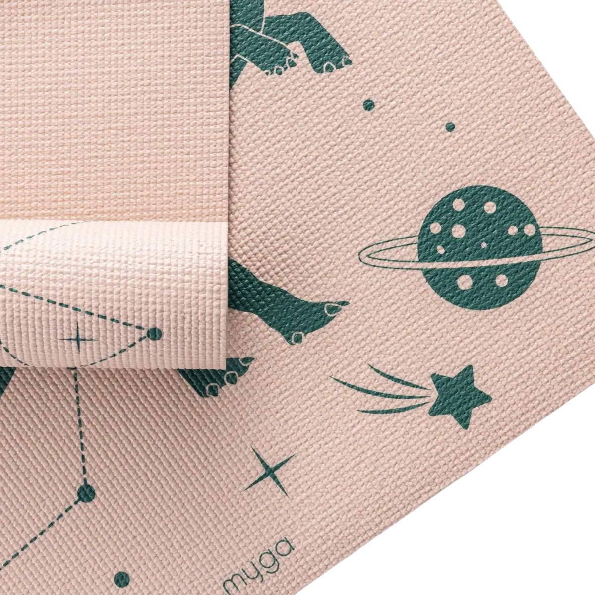 Beige und dunkelgrüne Space Dino Yogamatte für Kinder von Myga Eco, weiche Yogamatte mit Dinosaurier-Motiv