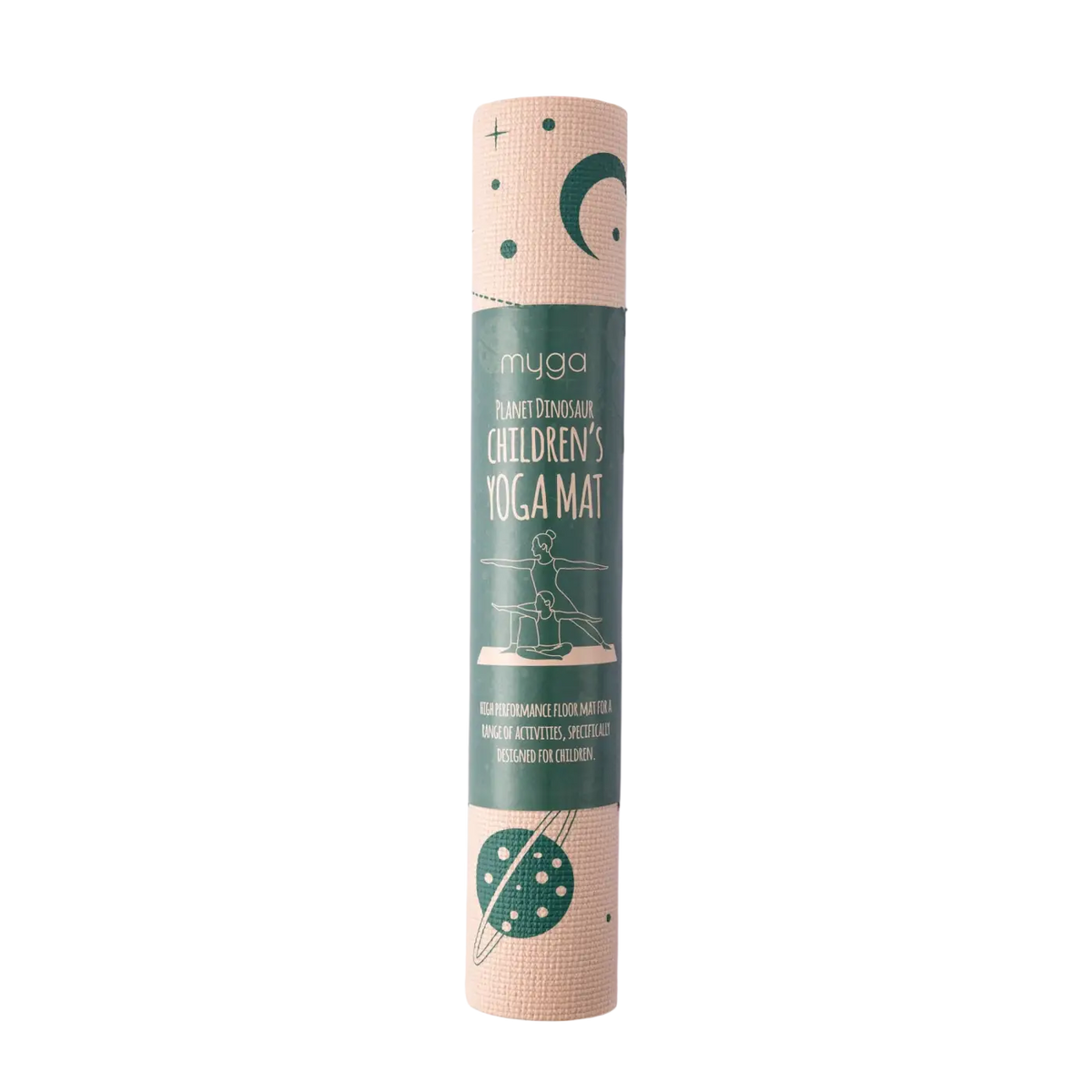 Eingerollte beige Myga Eco Space Dino Yogamatte für Kinder, weiche Oberfläche mit Dinosaurier-Design, ideal für Kinder-Yoga.