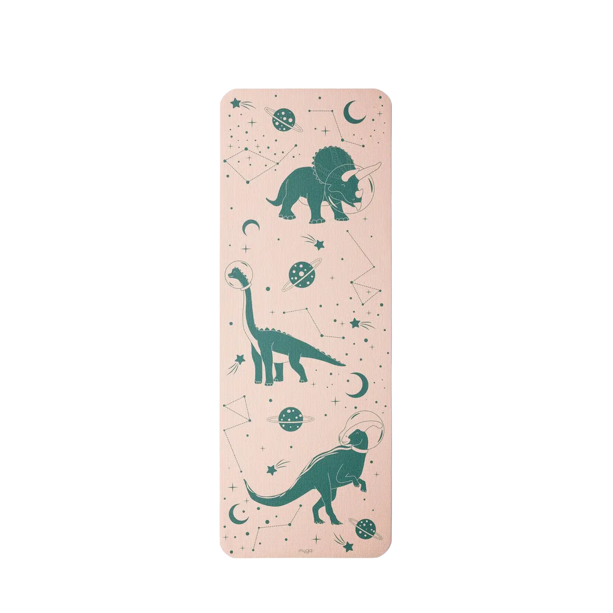 Bunte Myga Eco Space Dino Yogamatte für Kinder in Pink und Türkis mit Dinosaurier-Motiv, ideal für Yoga und Spiel.
