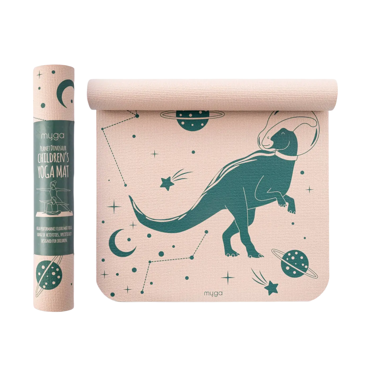 Bunte Myga Eco Space Dino Yogamatte für Kinder in Pink und Türkis mit Dinosaurier-Design, rutschfest und langlebig