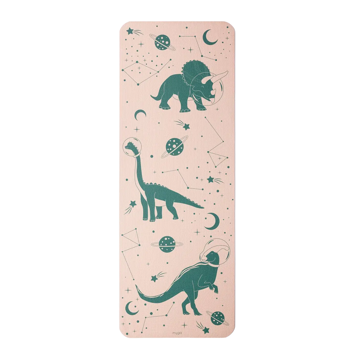 Bunte Myga Eco Space Dino Yogamatte für Kinder in Rosa und Teal mit Dinosaurier-Design, rutschfest und bequem.