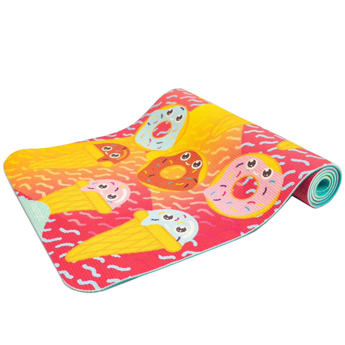 Bunte Myga Kinder-Yogamatte in Pink und Gelb mit Donut-Design, weiche Oberfläche für Kinder-Yoga und Spiel.