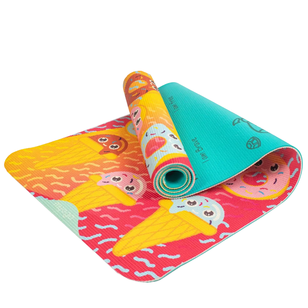 Bunte Myga Kinder-Yogamatte, farbige, verspielte Yogamatte für Kinder, eingrollt und mit lebendigen Mustern.