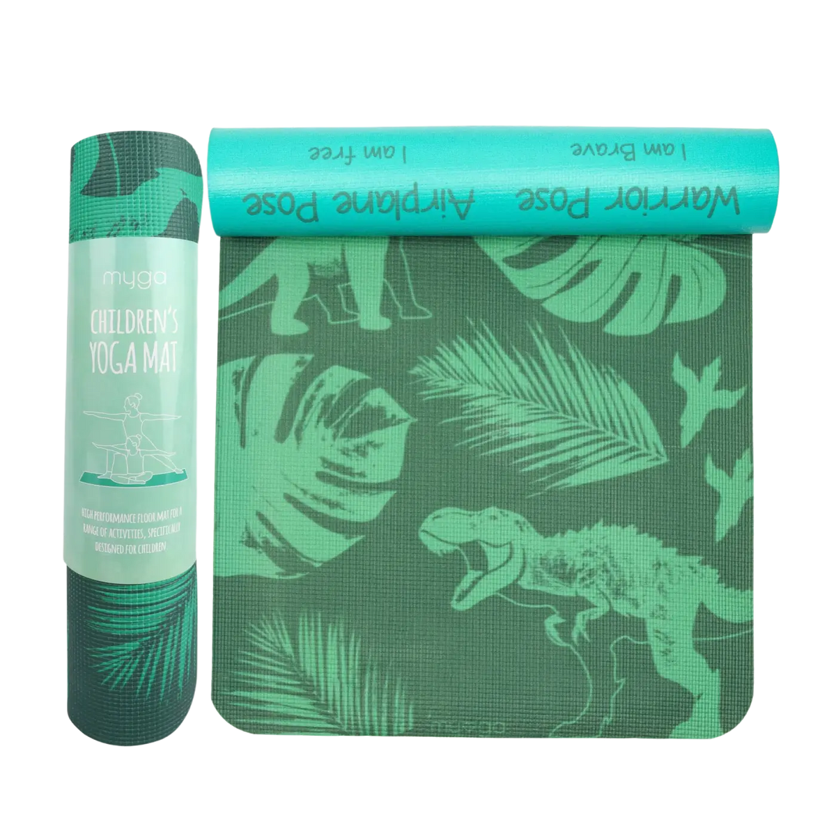 Bunte Myga Kinder-Yogamatte mit Dinosaurier-Design in Türkis für Kinder, ideal für Yoga und Spiel auf dem Teppich