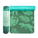 Teal und grüne myga kinder-yogamatte mit dinos und tropischen blättern ideal als kids yoga mat bei mana shop