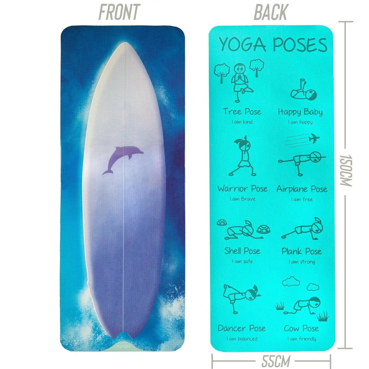Myga Kinder-Yogamatte in Türkis mit Surfbrett-Design, weiche und rutschfeste Yogamatte für Kinder von Myga Eco