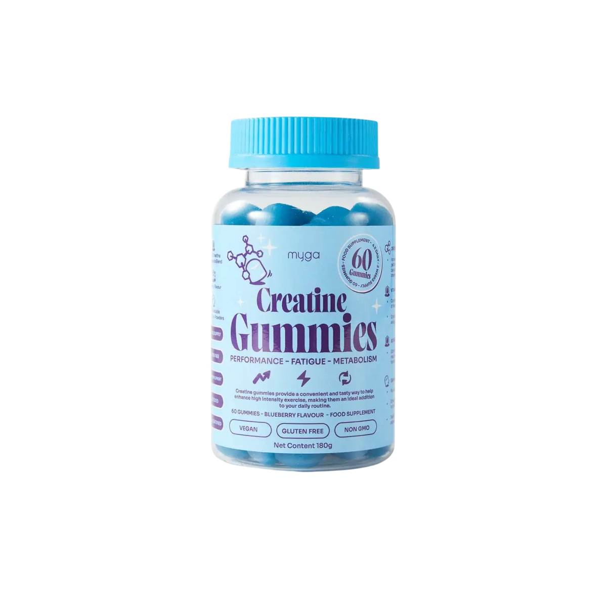 Myga Kreatin Gummies mit Blaubeergeschmack, Energie und Muskelregeneration, Nahrungsergänzung in Flasche mit blauen Gummies