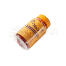Eine orangeflasche myga maca gummies mit gelbem deckel und roten gummies enthält hochwertige maca-extrakt ideal für menschen