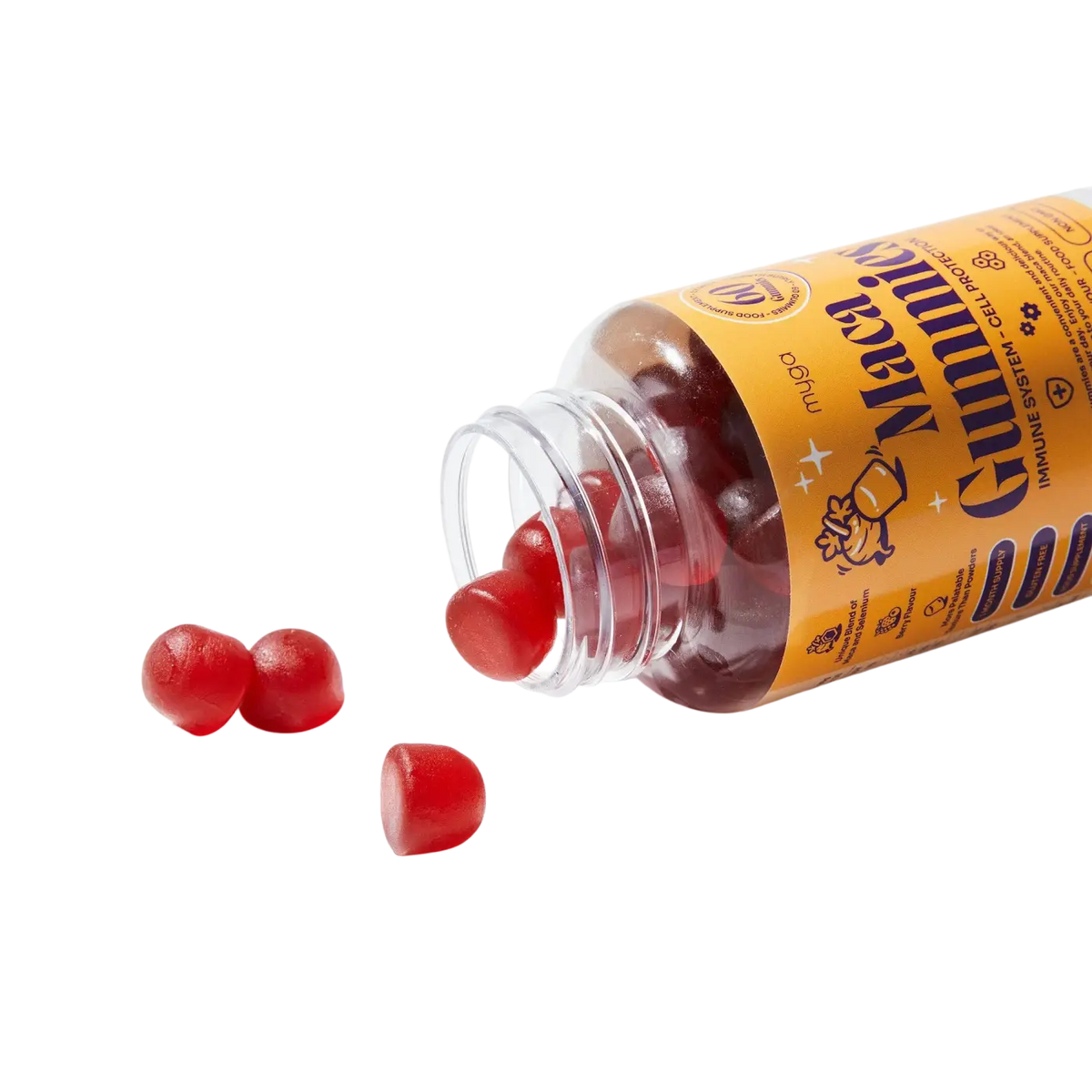 Myga Maca Gummis, vegane Beeren-Nahrungsergänzung für Energie und Balance, close-up der bunten, fruchtigen Gummies.