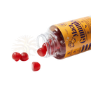 Eine orange flasche myga maca gummies mit hochwertigen maca-extrakt gefüllt mit roten veganen gummis ideal für menschen