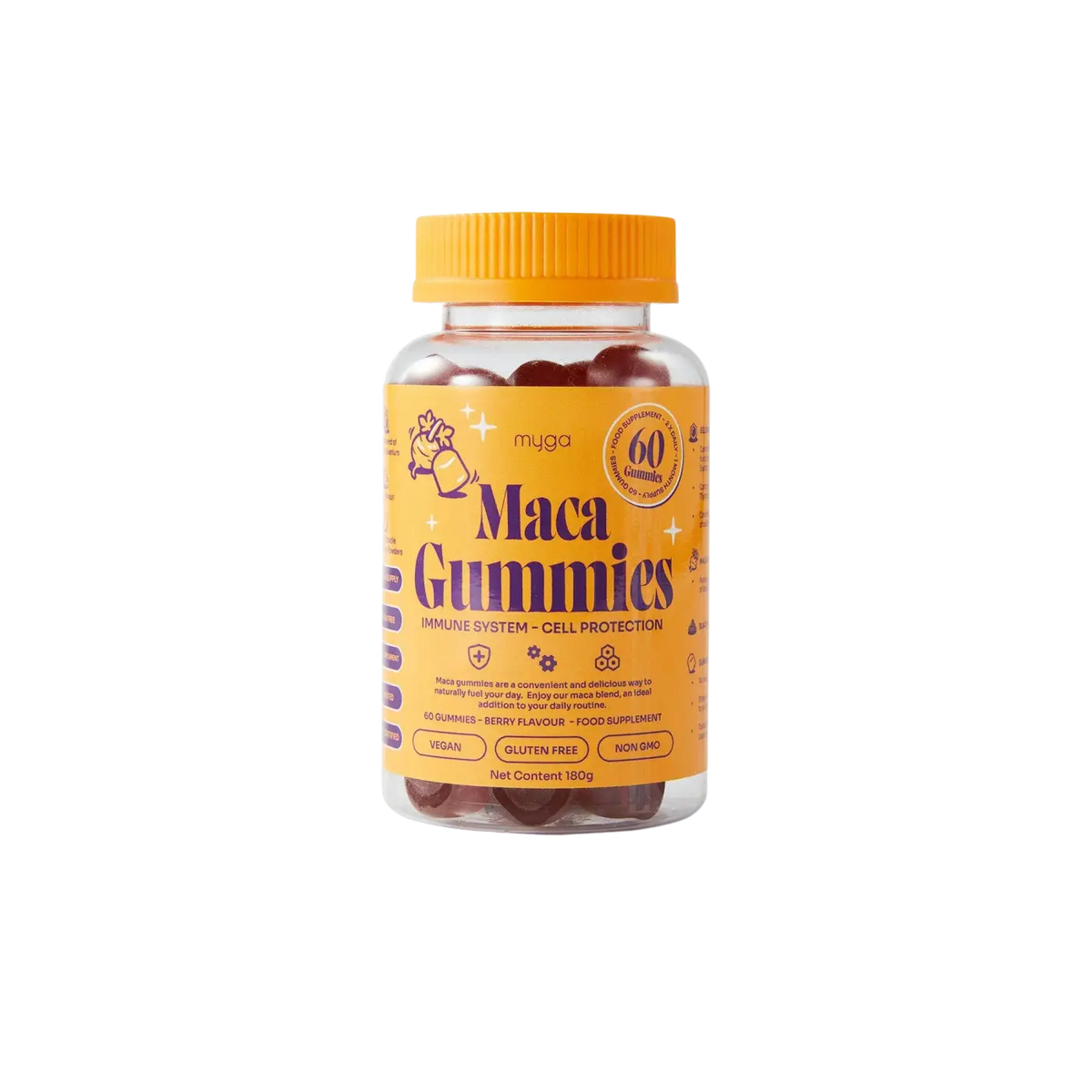 Myga Maca Gummis, vegane Beeren-Nahrungsergänzung, für Energie und Gleichgewicht, mit bunten Beeren-Designs auf der Verpackung