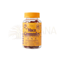 Eine klare kunststoffflasche mit orangefarbenem deckel und etikett, die dunkelrote maca gummies mit hochwertigem maca-extrakt enthält, ideal für menschen