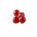 Vier transluzente rote maca gummies mit hochwertigem maca-extrakt ideal für menschen vegan und beeren-energieunterstützung