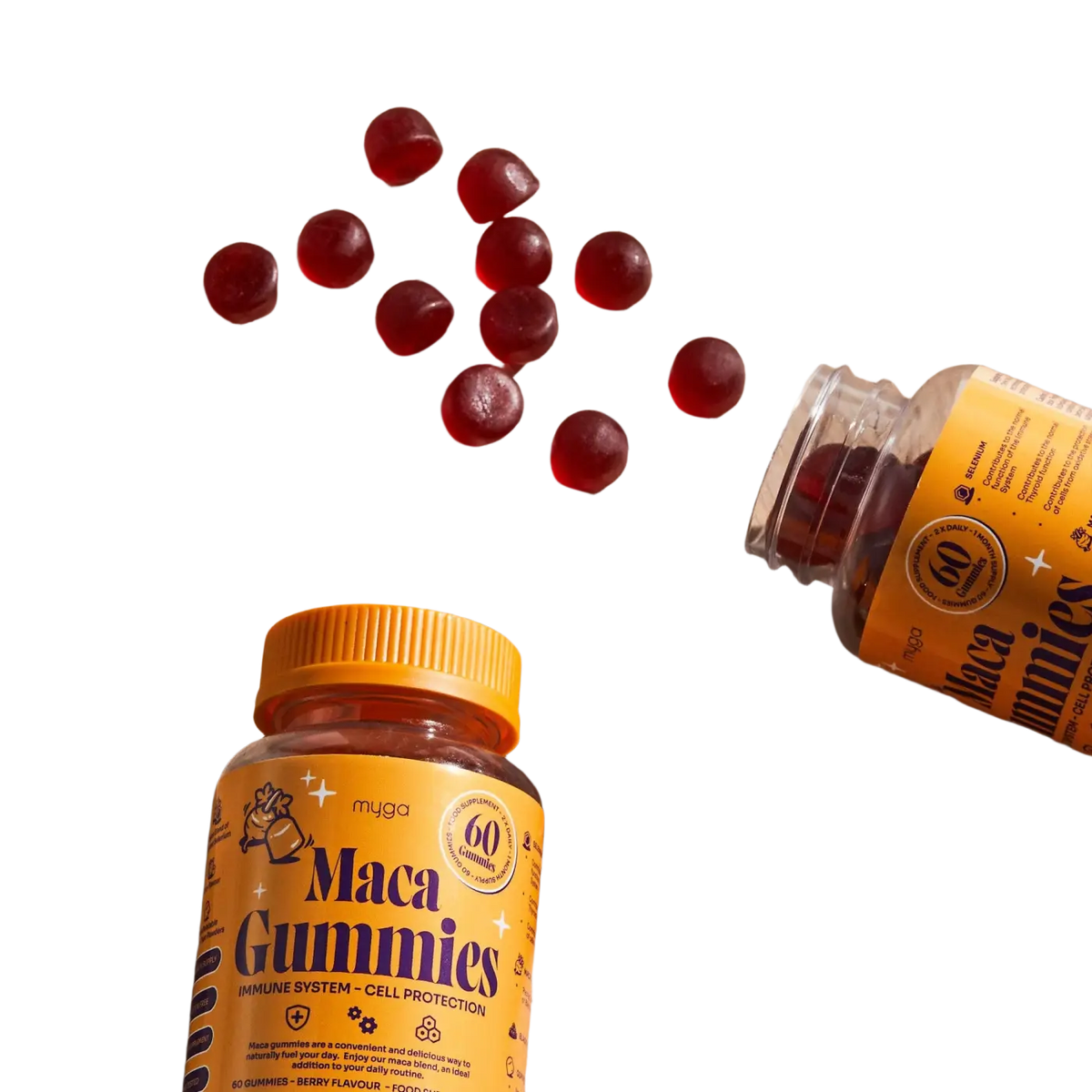 Vegane Myga Maca Gummis mit Beeren für Energie und Gleichgewicht, nährstoffreiches Nahrungsergänzungsmittel in bunten Gummis