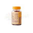 Eine klare plastikflasche mit oranger schraubkappe enthält dunkle beeren maca gummies mit hochwertigem maca-extrakt ideal für menschen