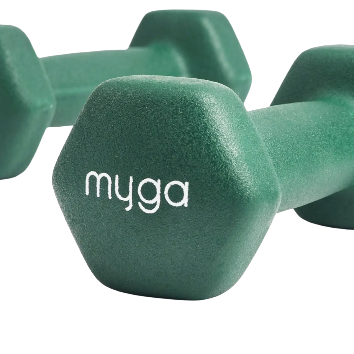 Myga Paar Hex-Kurzhanteln 1-10 kg, grünes Yogazubehör, sechseckiges Design, ideal für Krafttraining und Yoga-Übungen.