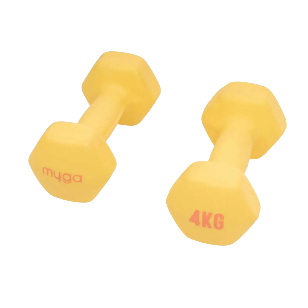 Myga Paar Hex-Kurzhanteln 1-10 kg, gelb, mit gummierten Griffflächen, geeignet für Yoga und Krafttraining.