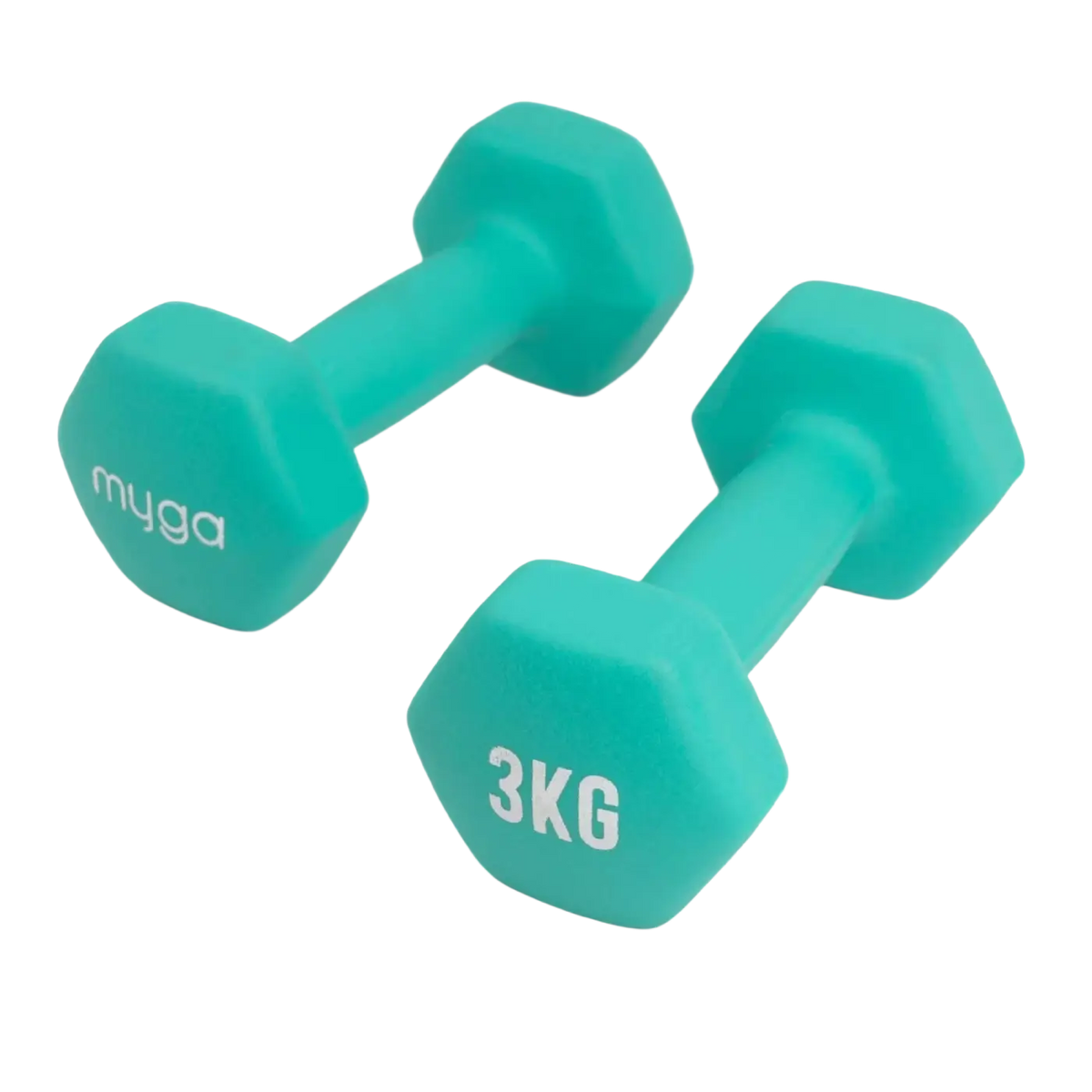 Myga Paar Hex-Kurzhanteln 1-10 kg, tealfarbenes Yogazubehör, mit hexagonaler Form und Griff für Krafttraining.
